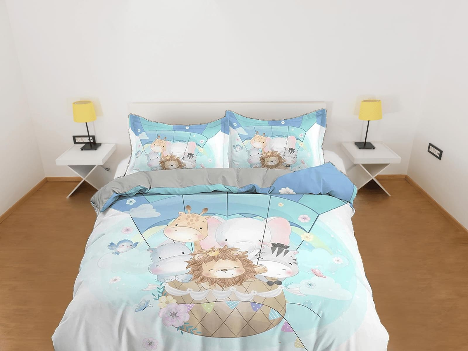 Safari Animals in Hot Air Balloon Bedding, Duvet Cover Set, Zipper Bedding, Dorm Bedding, Teens Adult Duvet King Queen Ful…