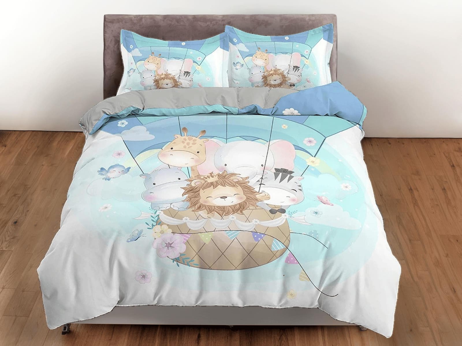 Safari Animals in Hot Air Balloon Bedding, Duvet Cover Set, Zipper Bedding, Dorm Bedding, Teens Adult Duvet King Queen Ful…