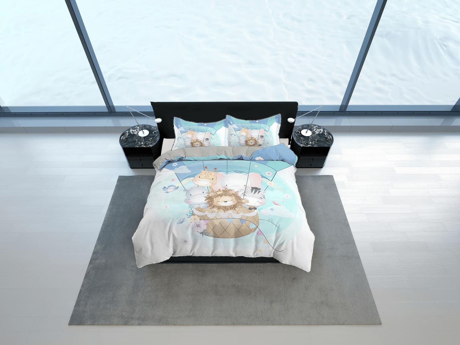 Safari Animals in Hot Air Balloon Bedding, Duvet Cover Set, Zipper Bedding, Dorm Bedding, Teens Adult Duvet King Queen Ful…