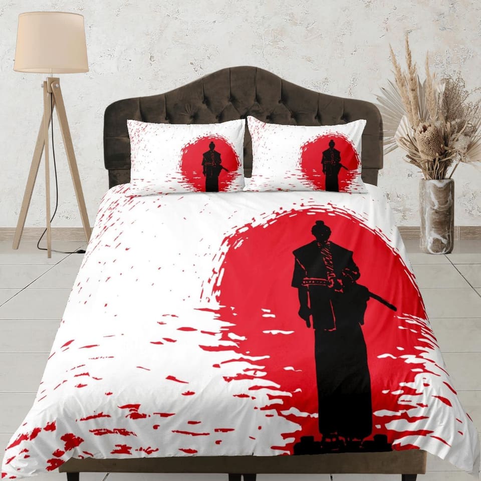 Samurai oriental bedding, aesthetic zipper bedding, japanese anime duvet cover set for king, queen, full, twin, single, to…