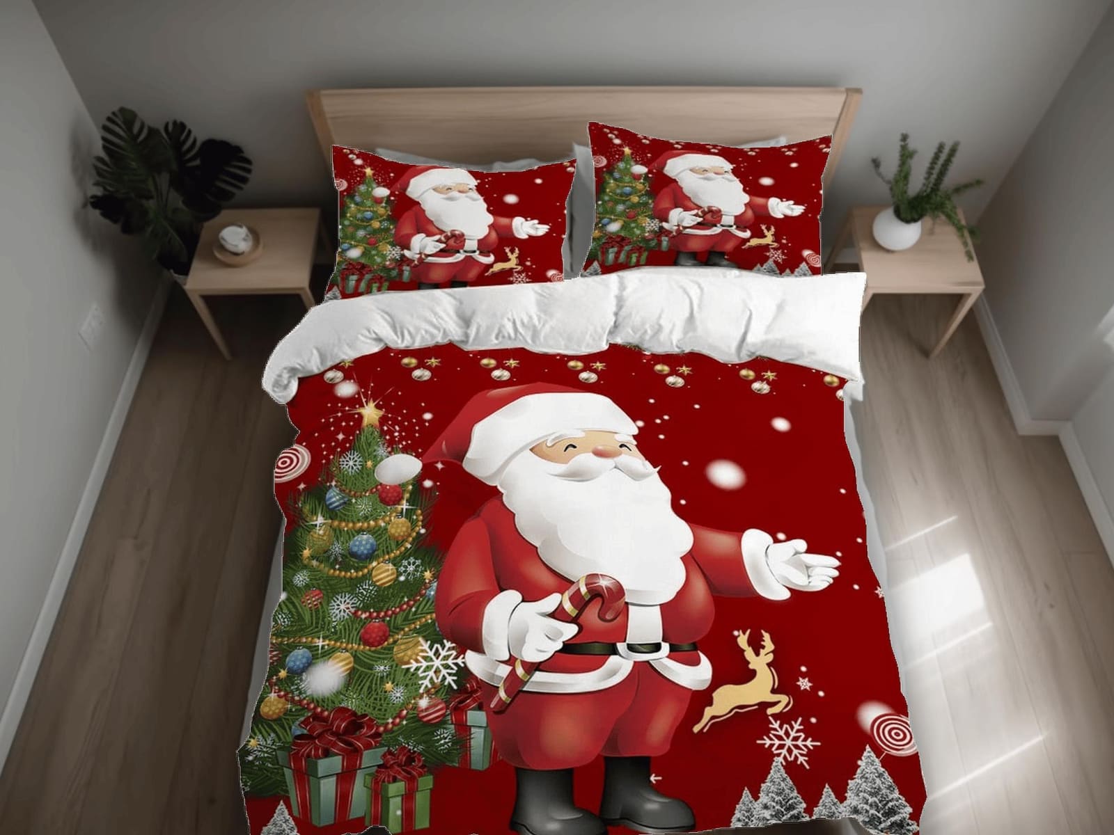 Santa Claus and Christmas tree bedding & pillowcase holiday gift duvet cover king queen twin toddler bedding baby Christma…