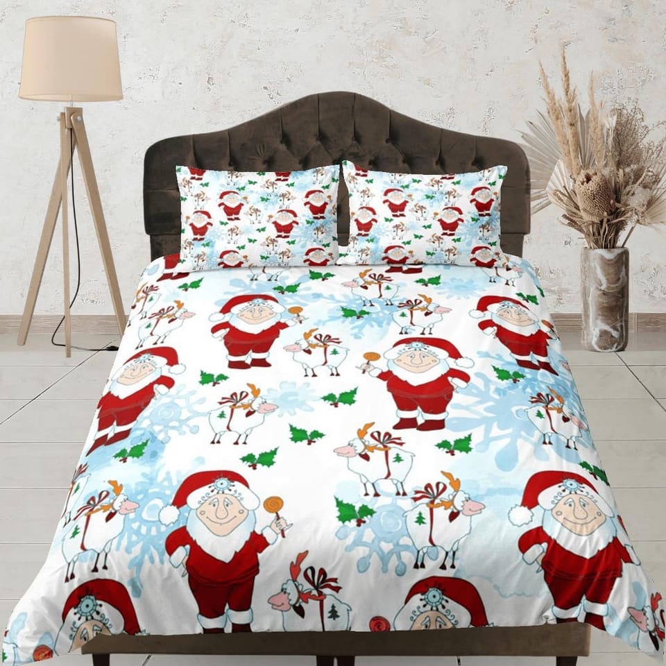 Santa claus and sheep duvet cover set, christmas full size bedding & pillowcase, college bedding, crib toddler bedding, ho…