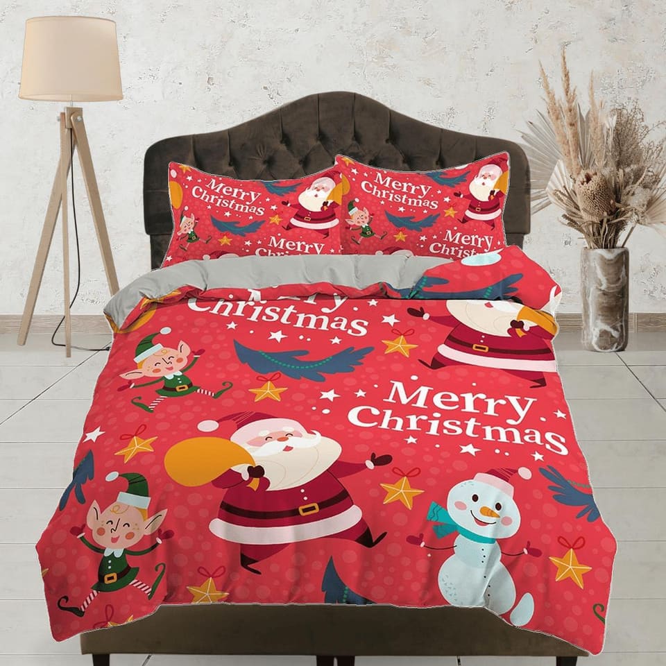Santa claus and snowman bright red duvet cover set christmas full size bedding & pillowcase, college bedding, toddler bedd…