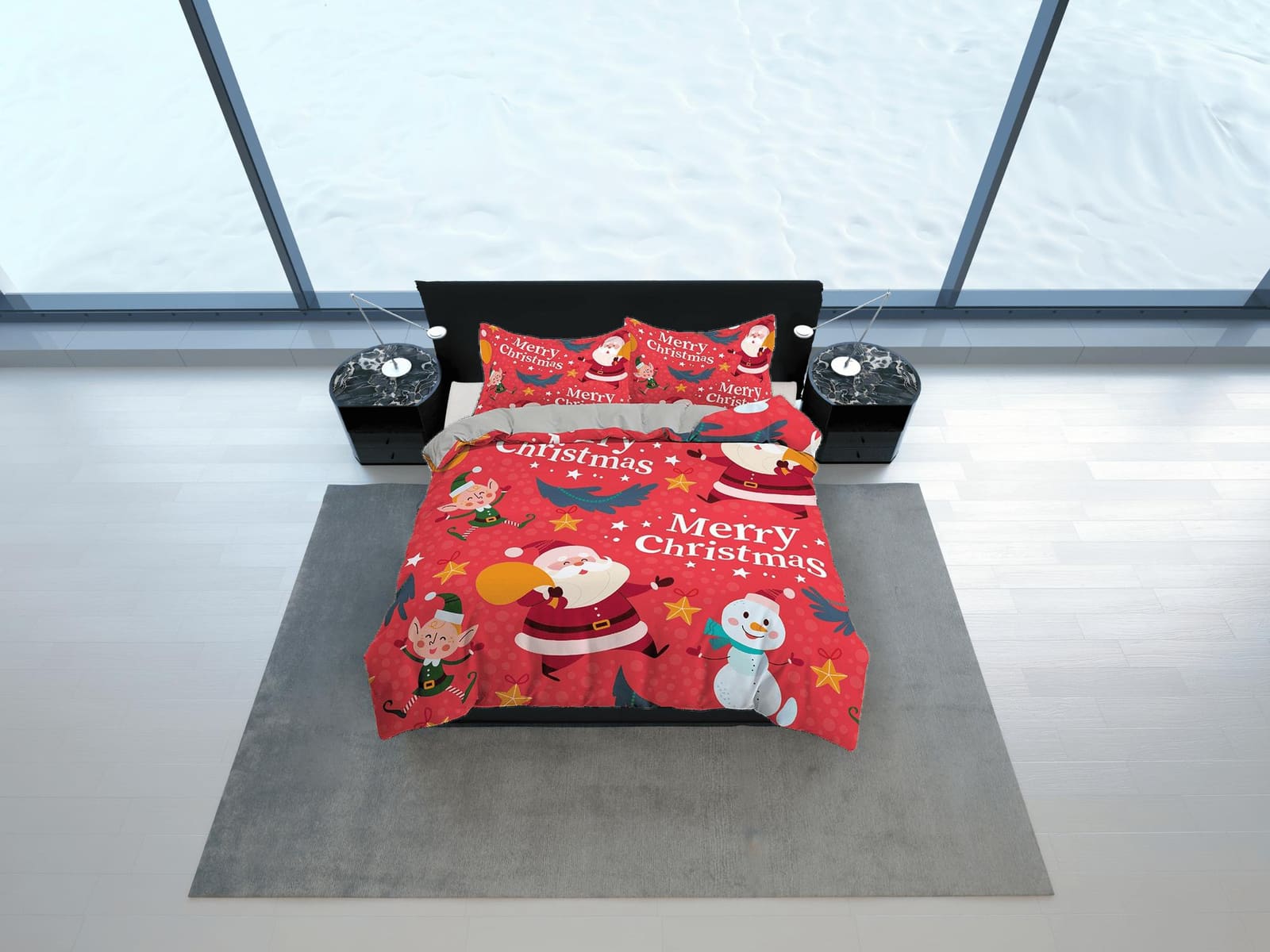 Santa claus and snowman bright red duvet cover set christmas full size bedding & pillowcase, college bedding, toddler bedd…