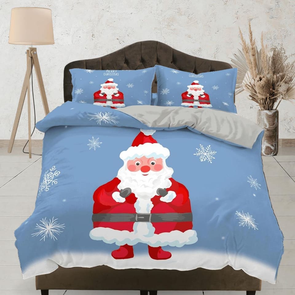 Santa Claus Christmas blue bedding & pillowcase holiday gift duvet cover king queen full twin toddler bedding baby Christm…