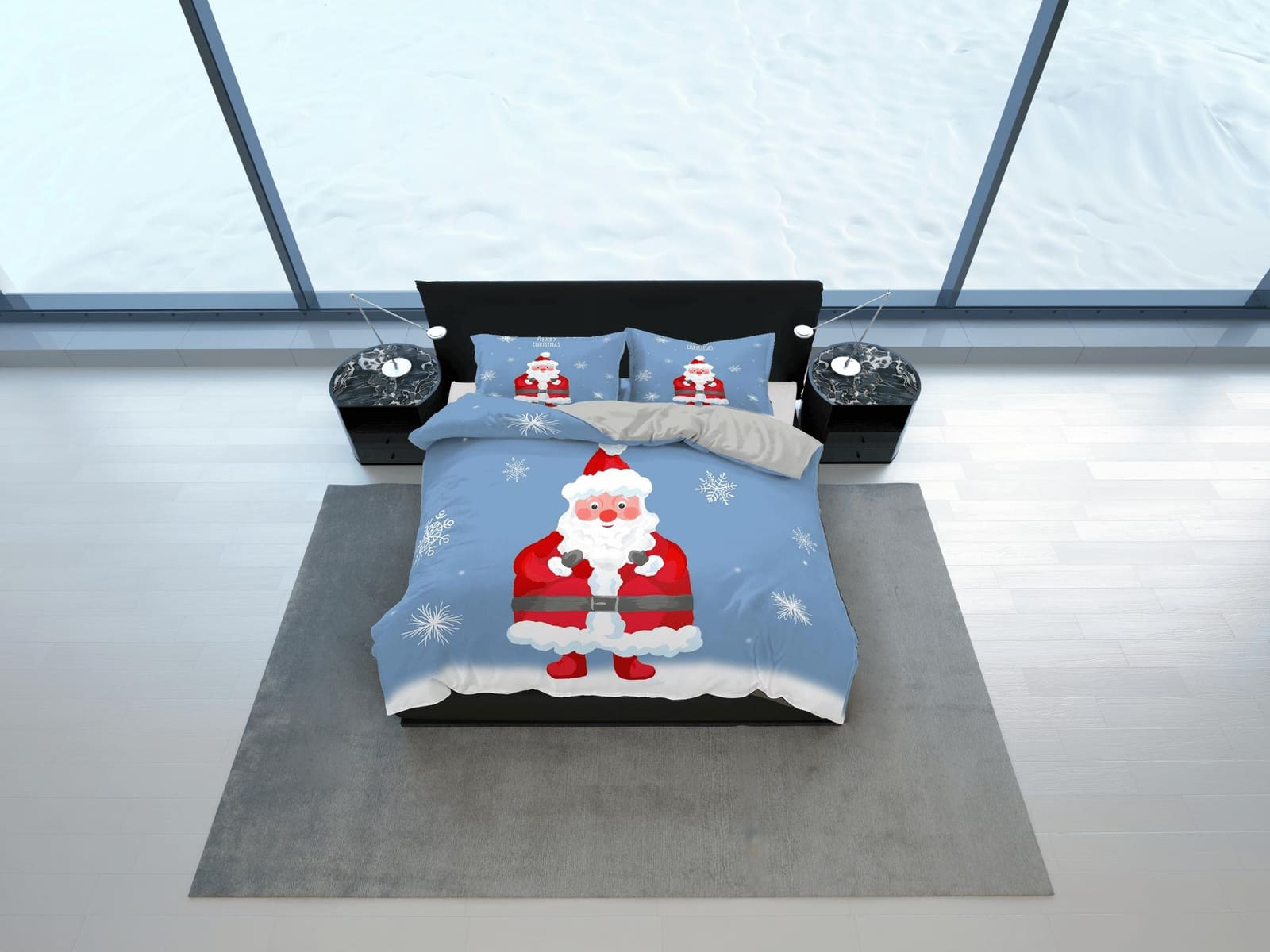 Santa Claus Christmas blue bedding & pillowcase holiday gift duvet cover king queen full twin toddler bedding baby Christm…