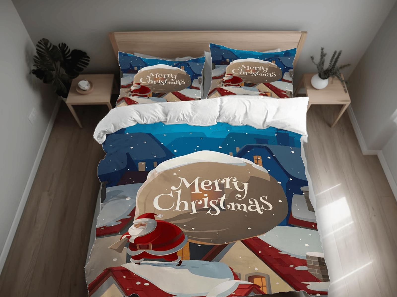 Santa Claus Christmas town bedding & pillowcase holiday gift duvet cover king queen full twin toddler bedding baby Christm…