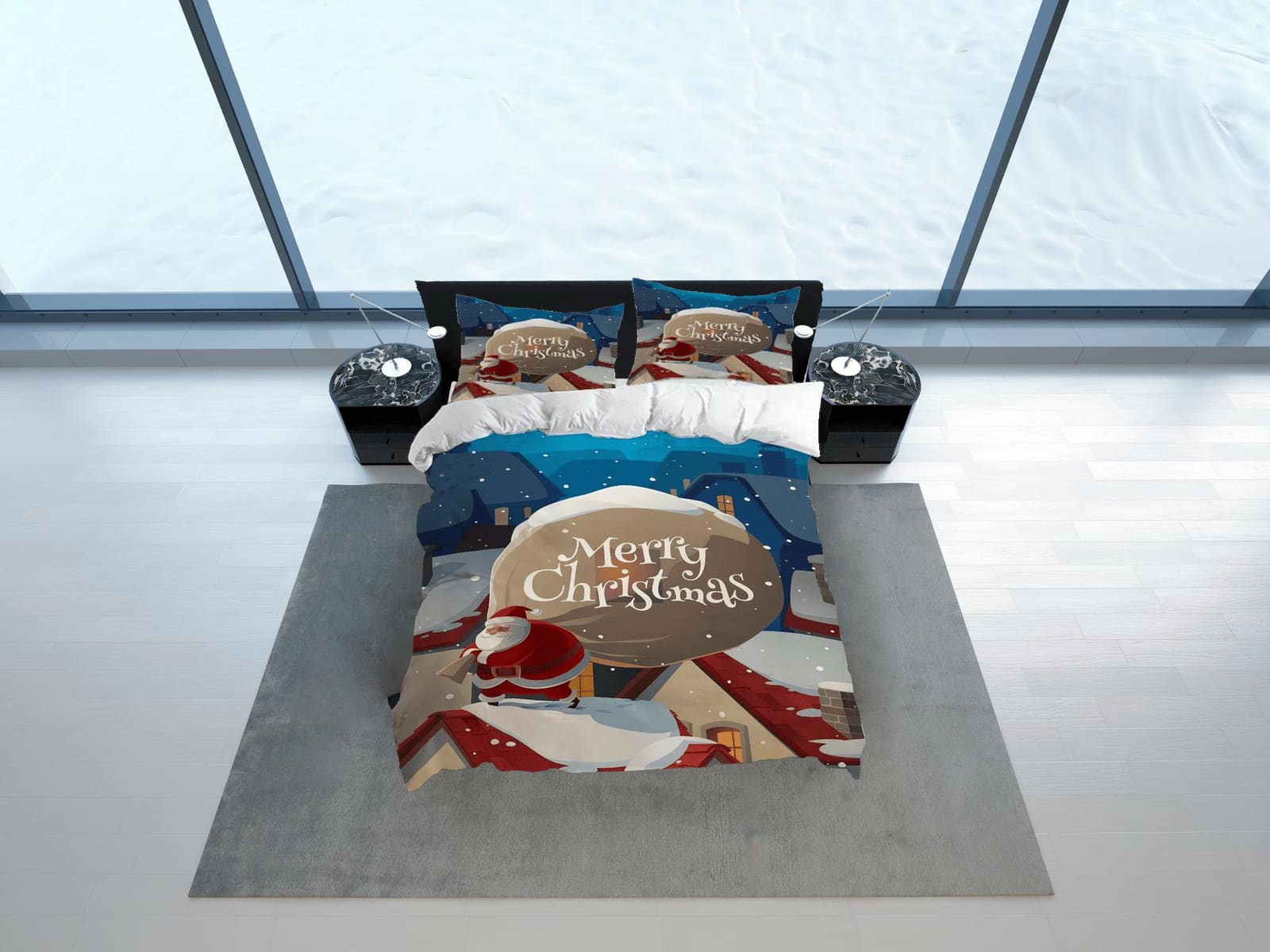 Santa Claus Christmas town bedding & pillowcase holiday gift duvet cover king queen full twin toddler bedding baby Christm…