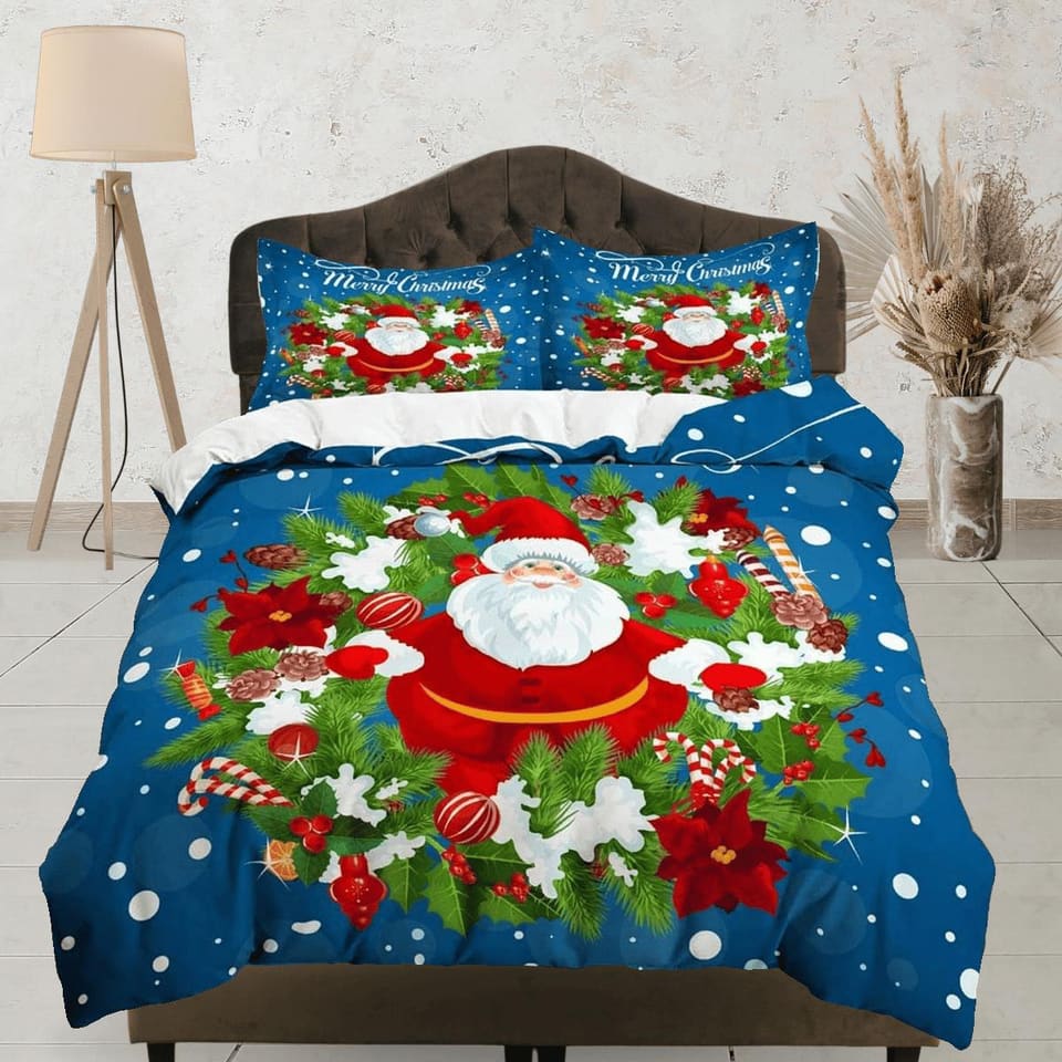 Santa Claus Christmas wreath bedding pillowcase holiday gift duvet cover king queen full twin toddler bedding baby Christm…