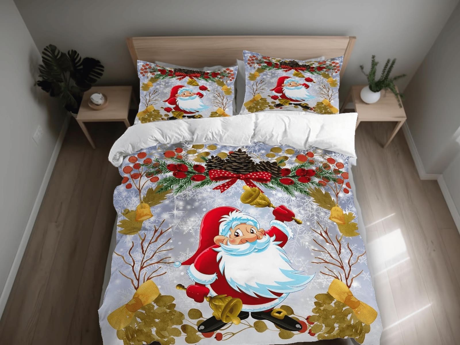Santa Claus Christmas wreath bedding pillowcase holiday gift duvet cover king queen full twin toddler bedding baby Christm…