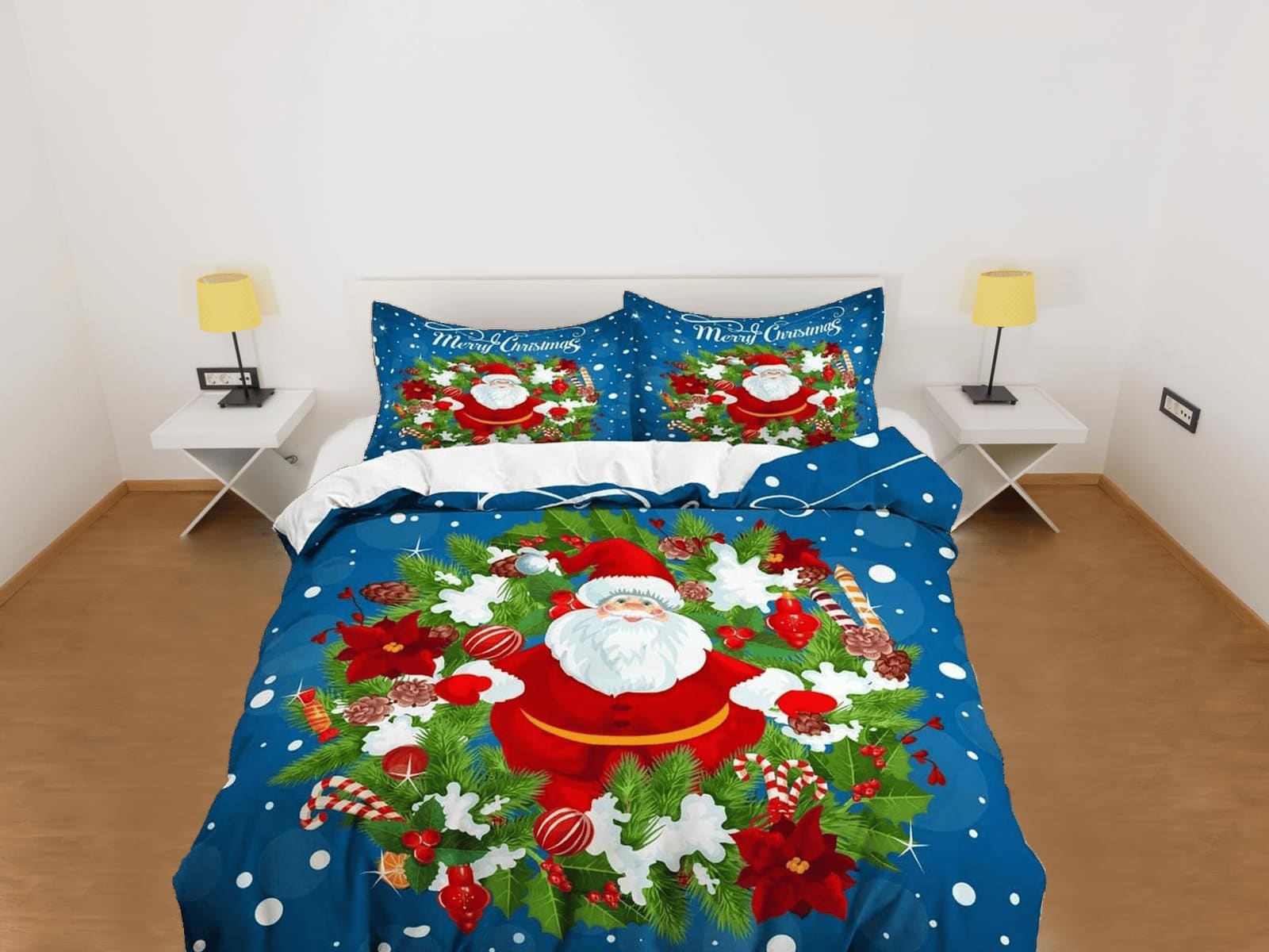 Santa Claus Christmas wreath bedding pillowcase holiday gift duvet cover king queen full twin toddler bedding baby Christm…