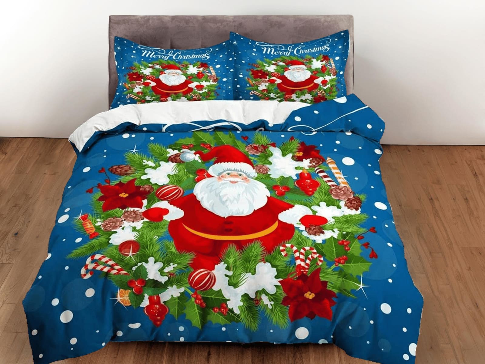 Santa Claus Christmas wreath bedding pillowcase holiday gift duvet cover king queen full twin toddler bedding baby Christm…