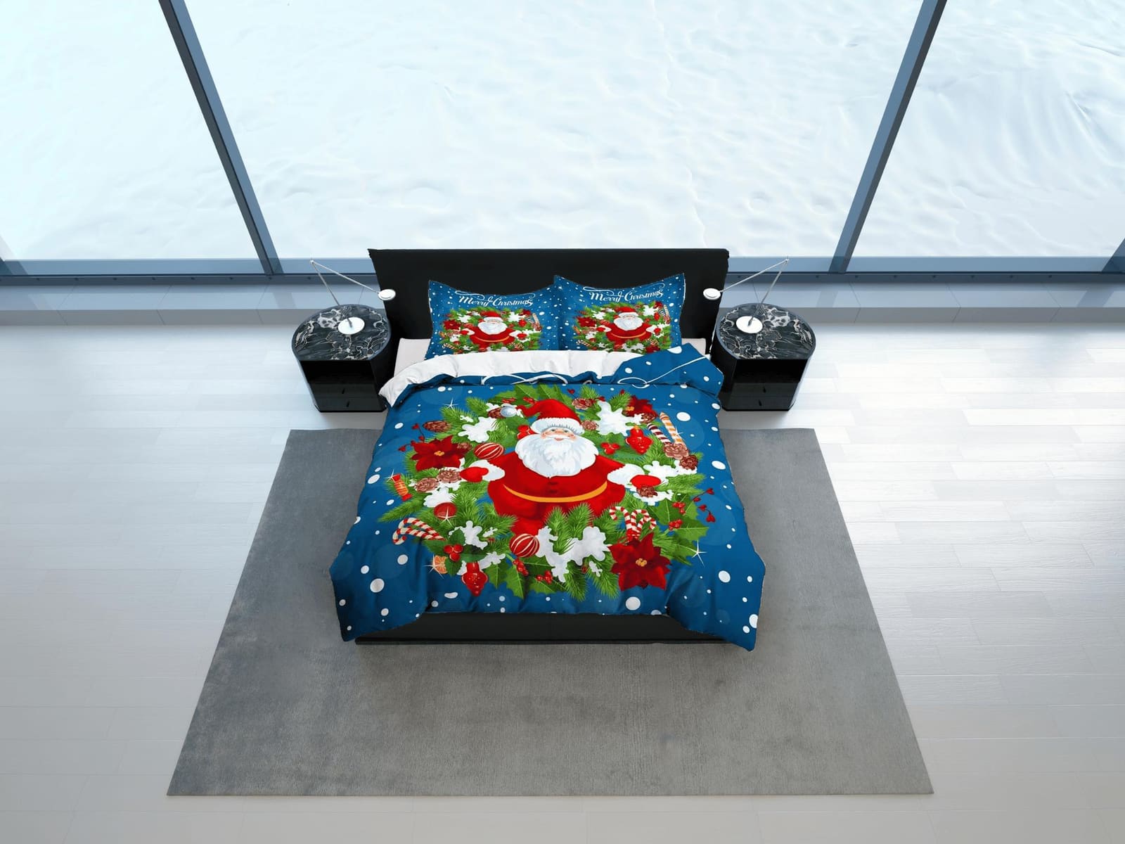 Santa Claus Christmas wreath bedding pillowcase holiday gift duvet cover king queen full twin toddler bedding baby Christm…