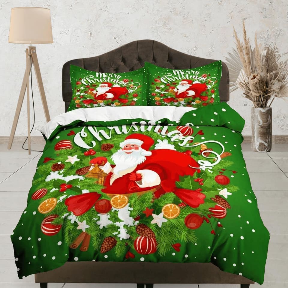 Santa Claus Christmas wreath green bedding & pillowcase holiday gift duvet cover king queen toddler bedding baby Christmas…