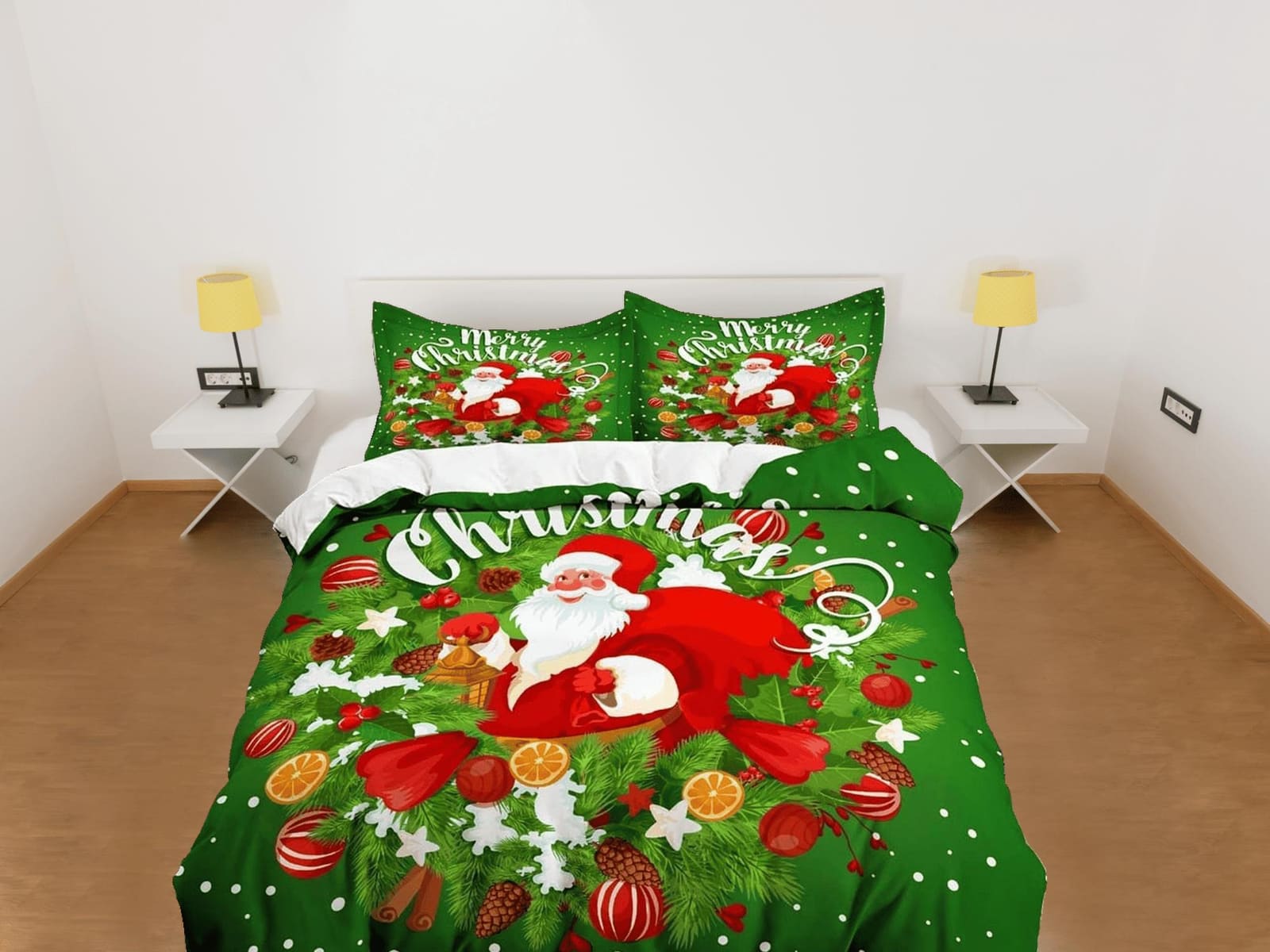 Santa Claus Christmas wreath green bedding & pillowcase holiday gift duvet cover king queen toddler bedding baby Christmas…