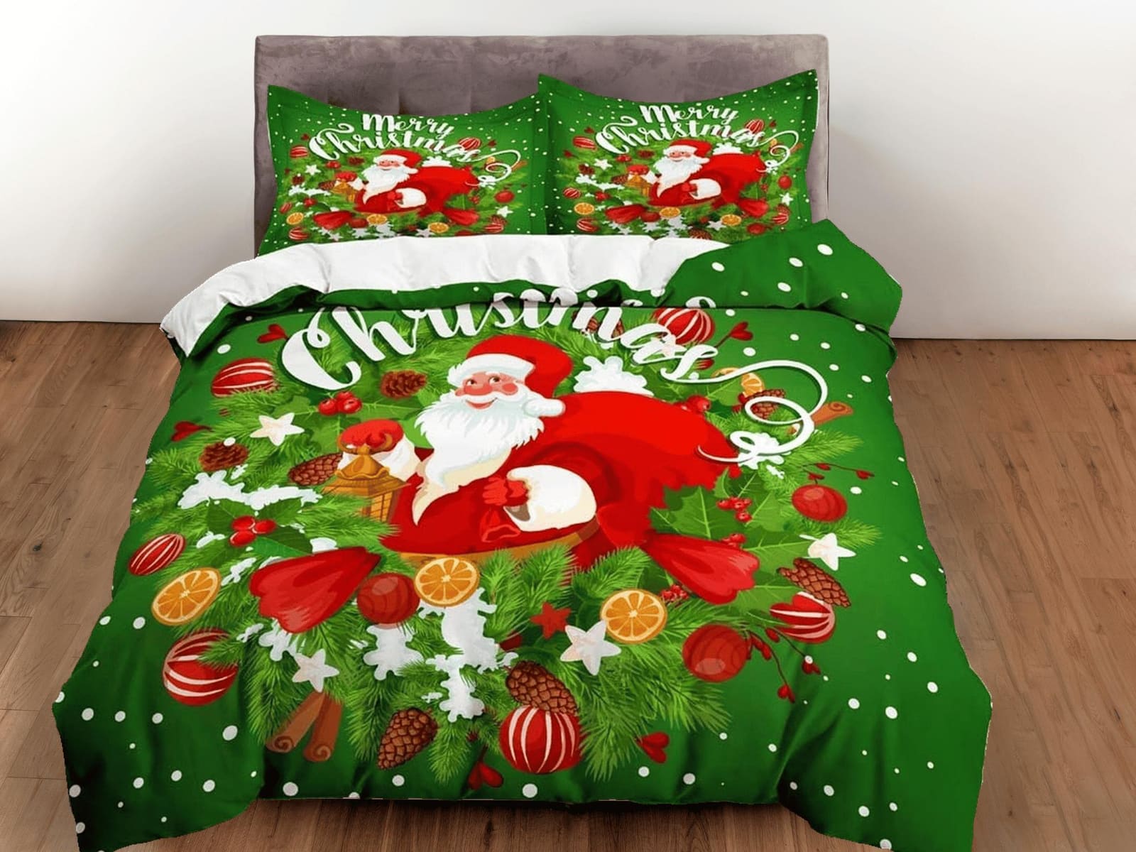 Santa Claus Christmas wreath green bedding & pillowcase holiday gift duvet cover king queen toddler bedding baby Christmas…