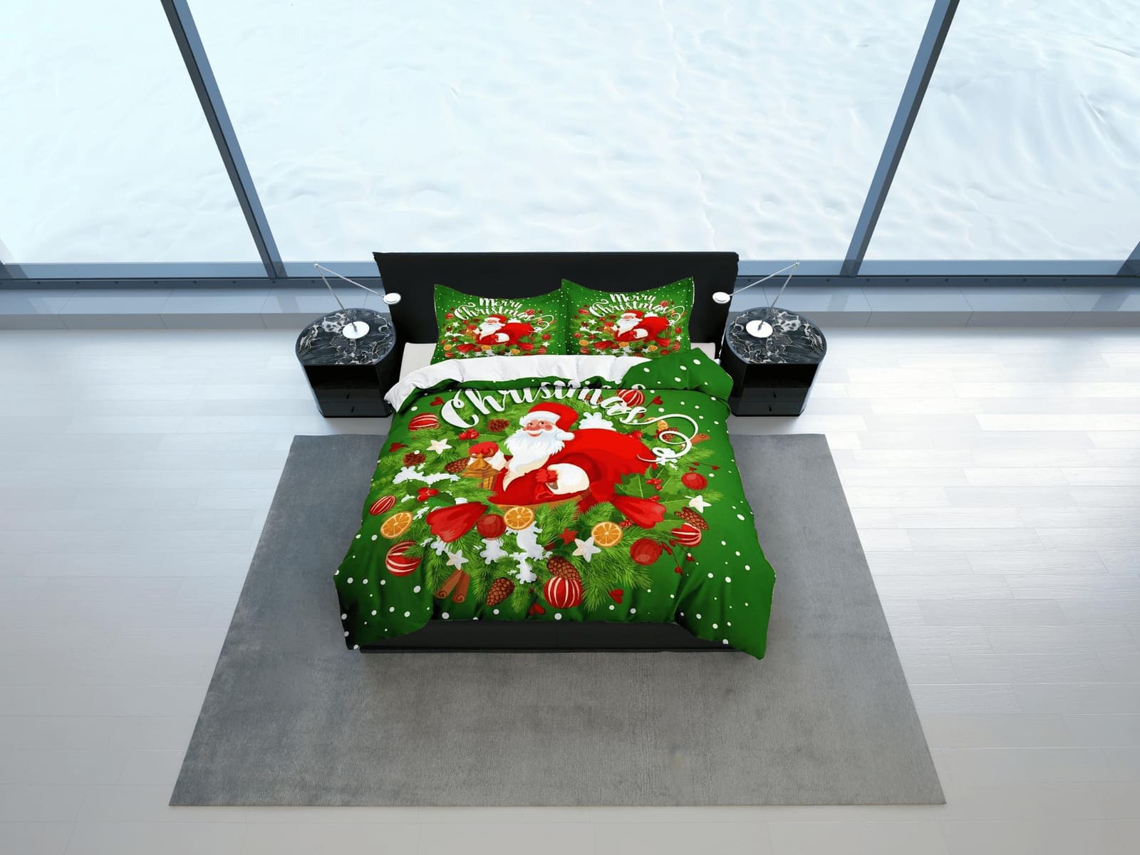 Santa Claus Christmas wreath green bedding & pillowcase holiday gift duvet cover king queen toddler bedding baby Christmas…