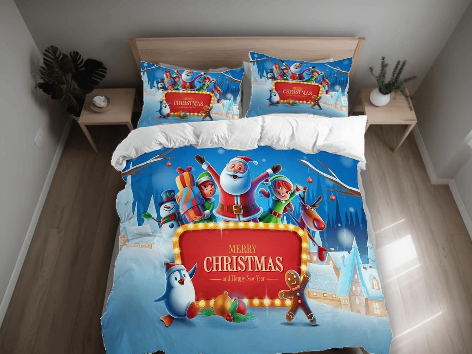 Santa Claus friends Merry Christmas bedding set holiday gift duvet cover king queen full twin toddler bedding baby Christm…