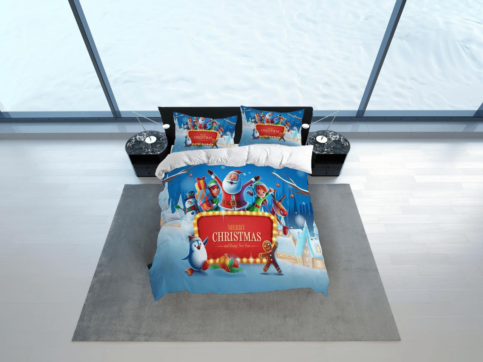 Santa Claus friends Merry Christmas bedding set holiday gift duvet cover king queen full twin toddler bedding baby Christm…