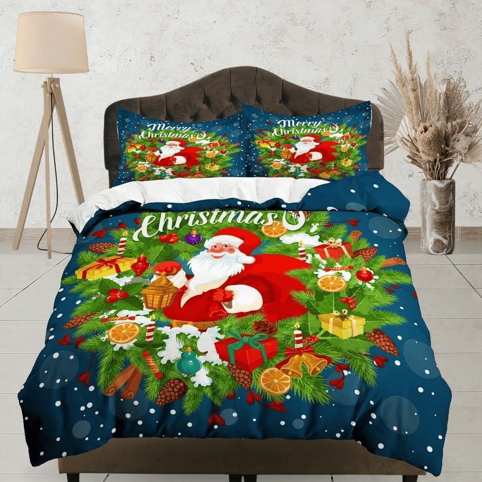 Santa Claus Merry Christmas bedding & pillowcase holiday gift blue duvet cover king queen full twin toddler bedding baby C…