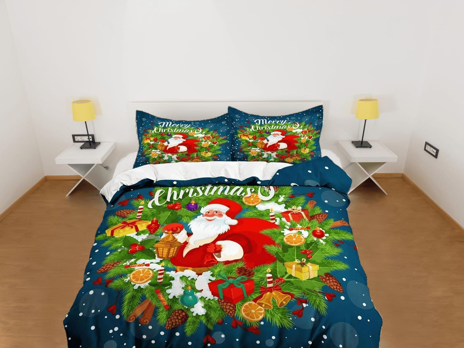 Santa Claus Merry Christmas bedding & pillowcase holiday gift blue duvet cover king queen full twin toddler bedding baby C…