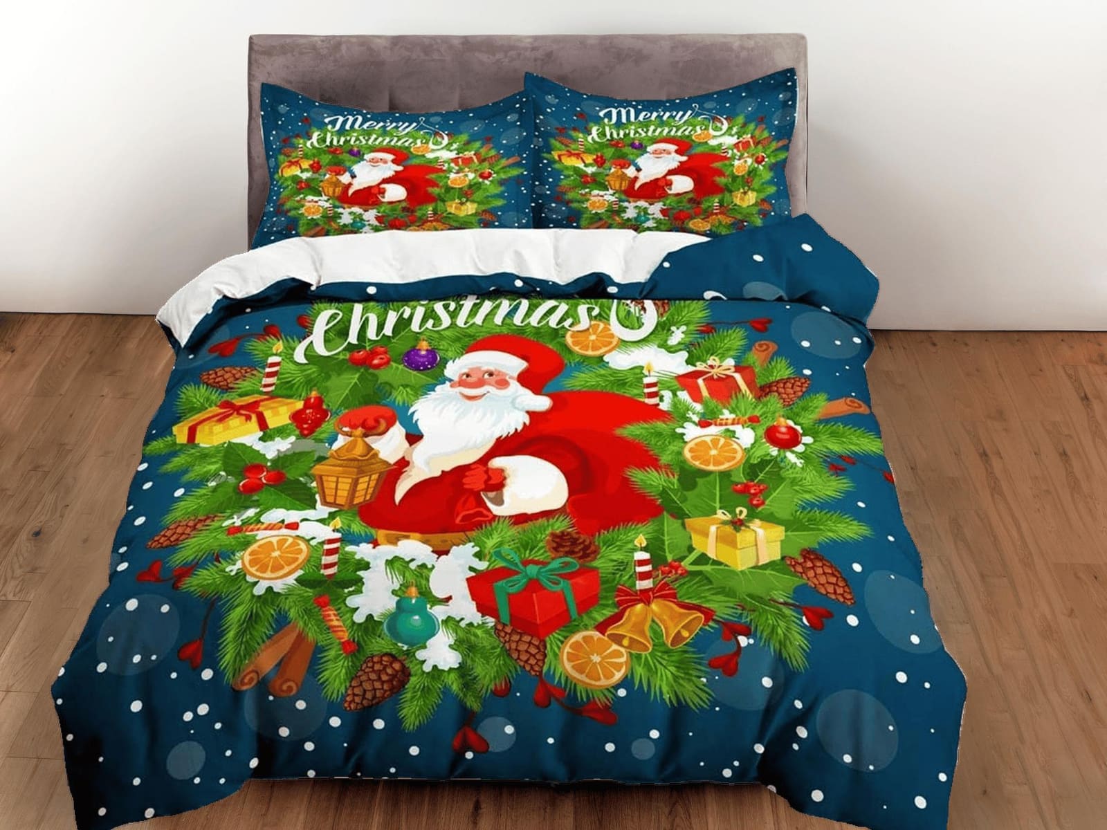 Santa Claus Merry Christmas bedding & pillowcase holiday gift blue duvet cover king queen full twin toddler bedding baby C…