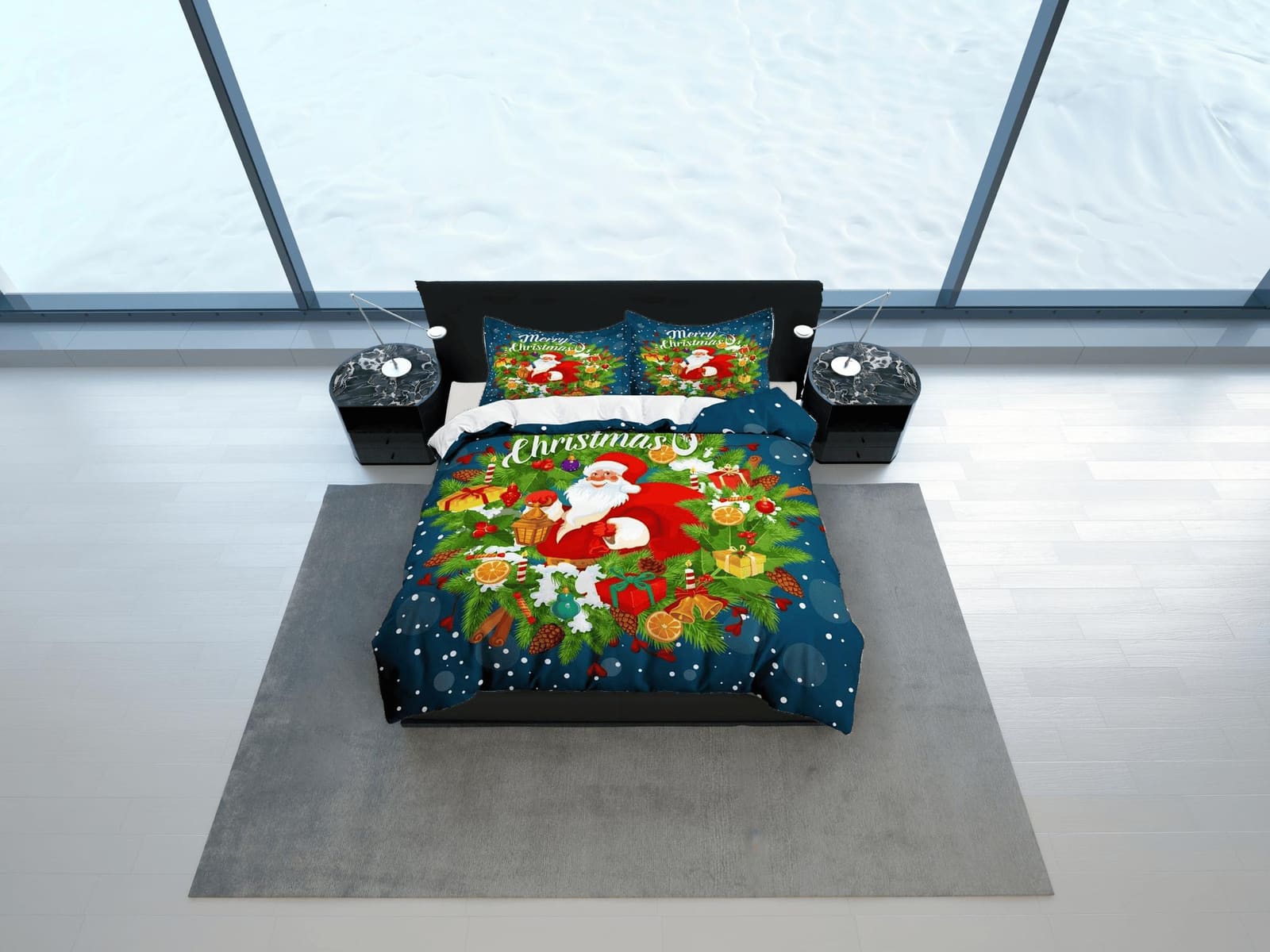 Santa Claus Merry Christmas bedding & pillowcase holiday gift blue duvet cover king queen full twin toddler bedding baby C…