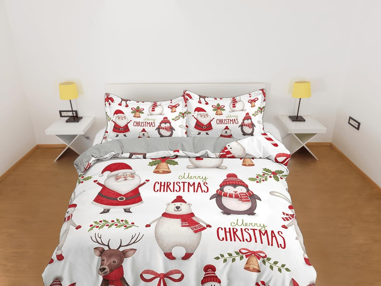 Santa claus, polar bear and penguin duvet cover, christmas full size bedding & pillowcase, college bedding, toddler beddin…