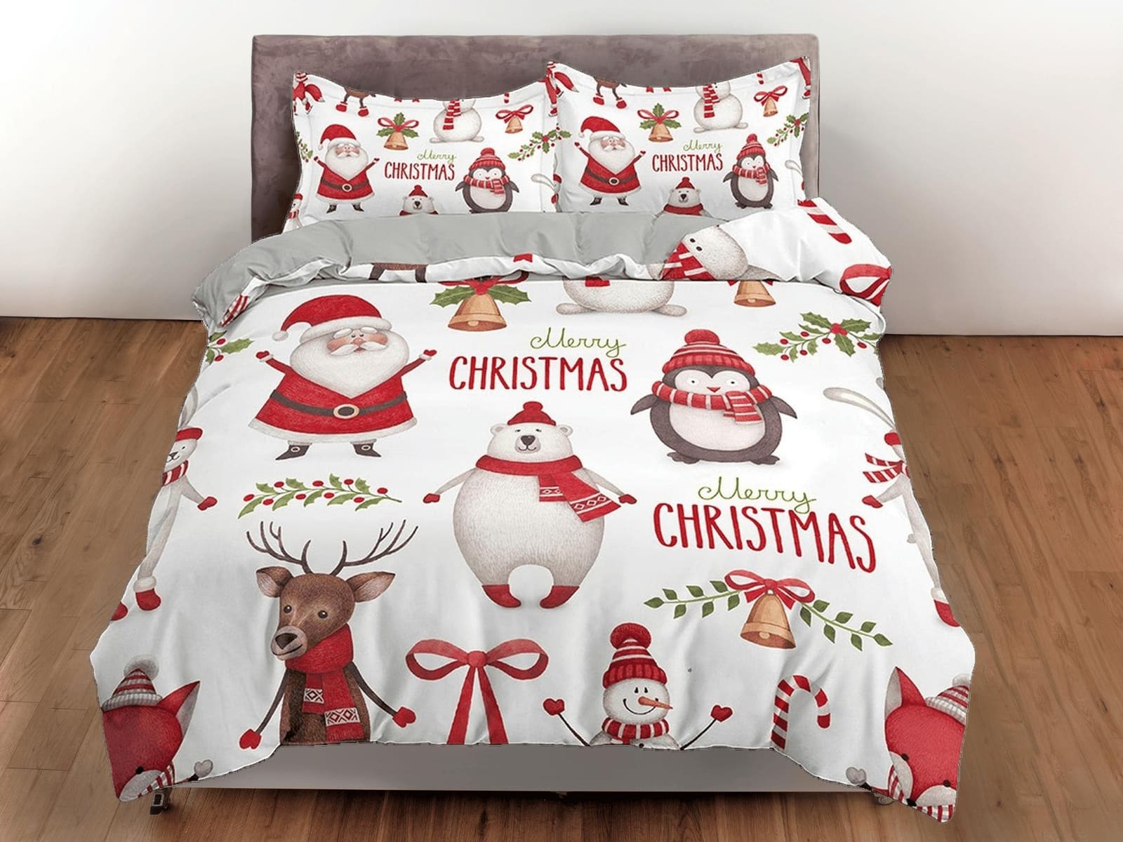 Santa claus, polar bear and penguin duvet cover, christmas full size bedding & pillowcase, college bedding, toddler beddin…