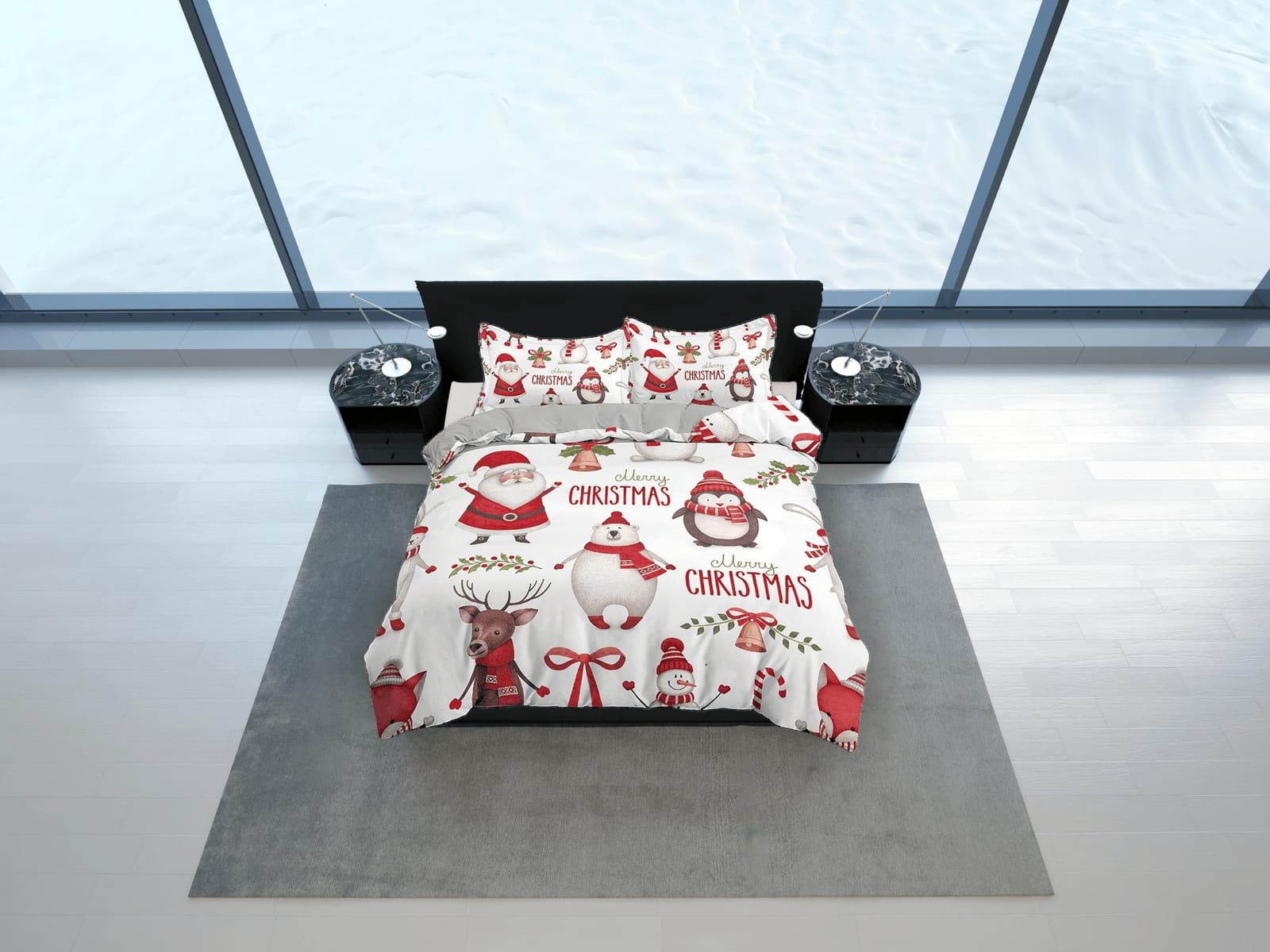 Santa claus, polar bear and penguin duvet cover, christmas full size bedding & pillowcase, college bedding, toddler beddin…