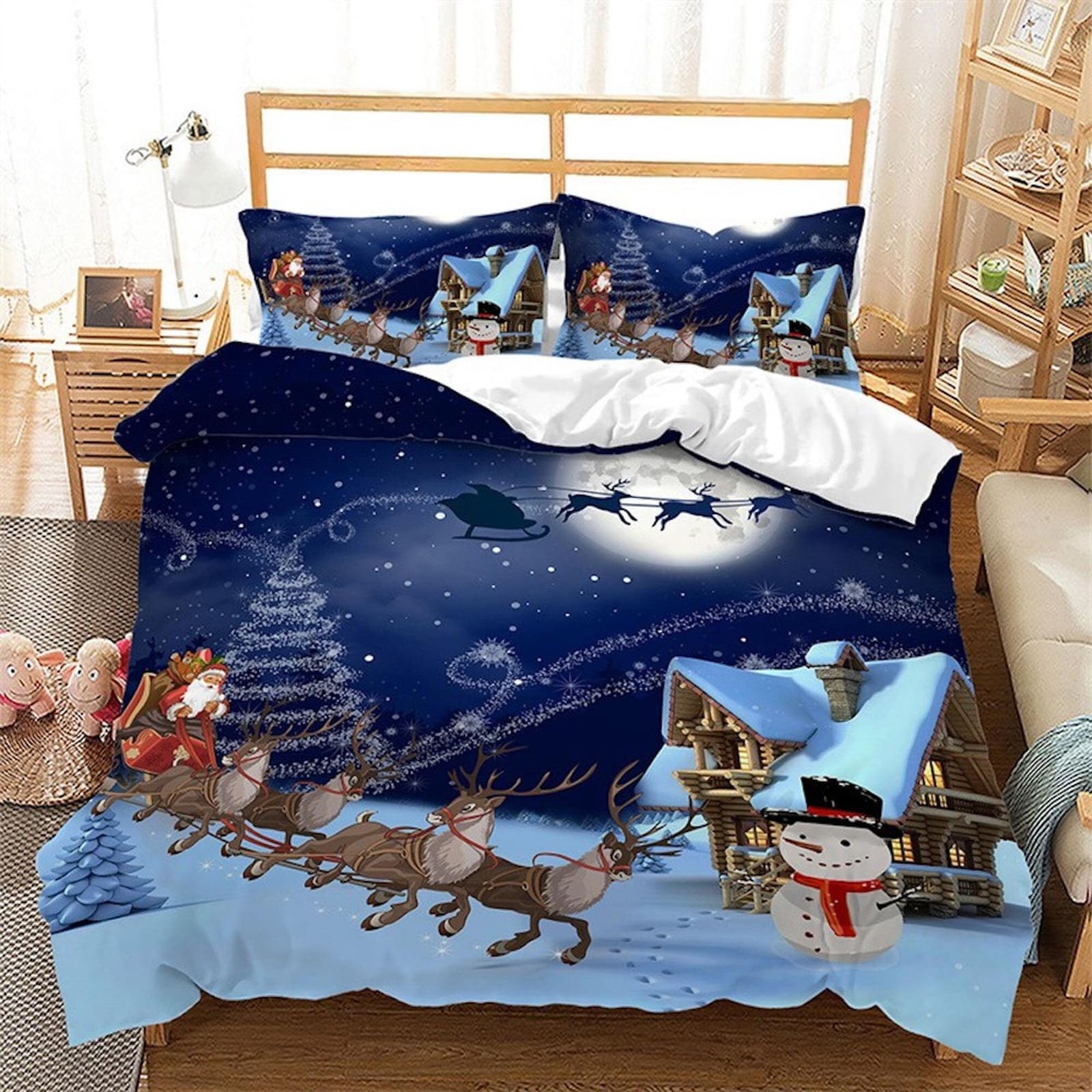 Santa Claus reindeer flying Christmas bedding, pillowcase holiday gift duvet cover king queen toddler bedding baby Christm…