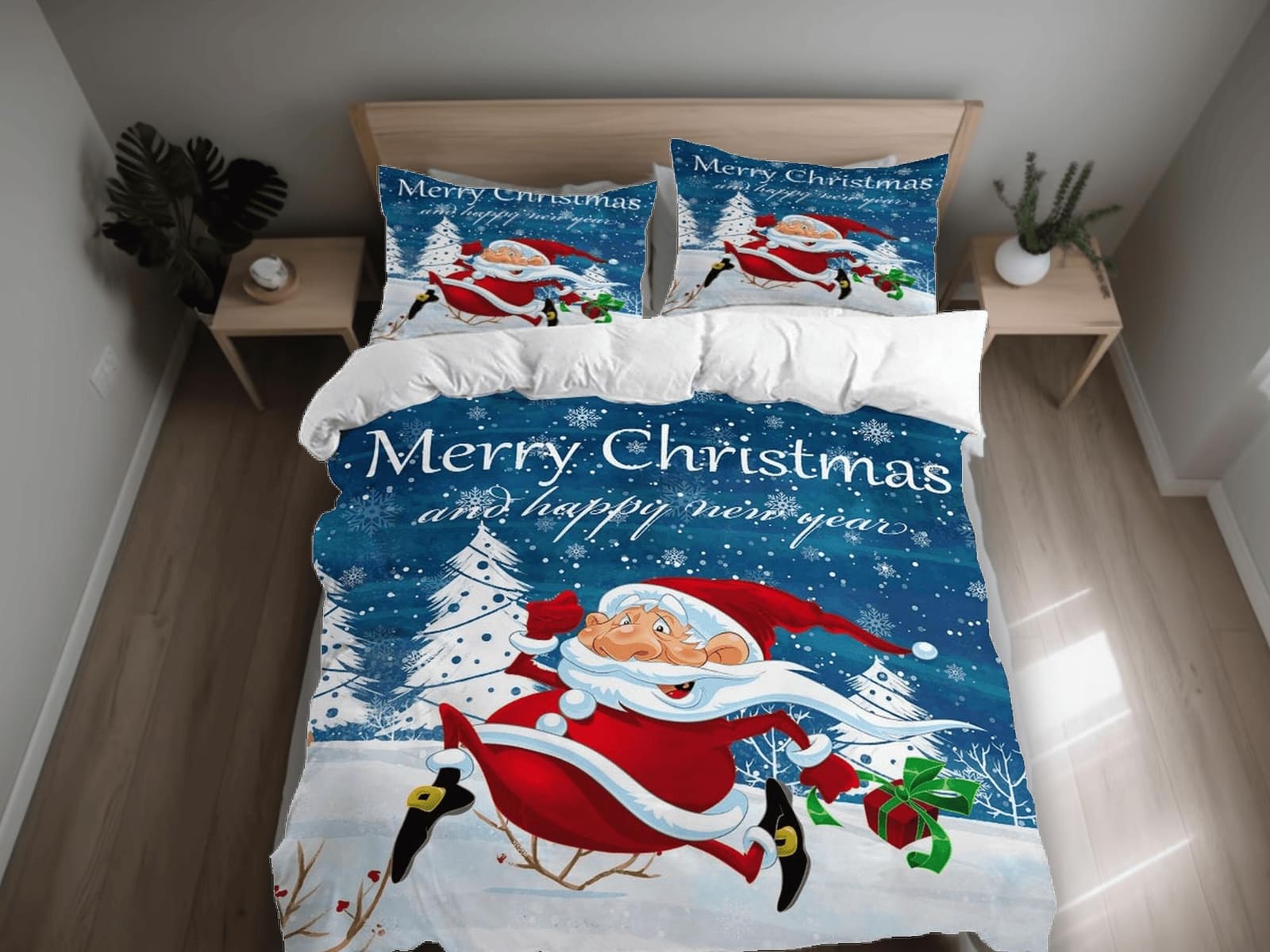Santa Claus white Christmas bedding, pillowcase holiday gift duvet cover king queen full twin toddler bedding baby Christm…