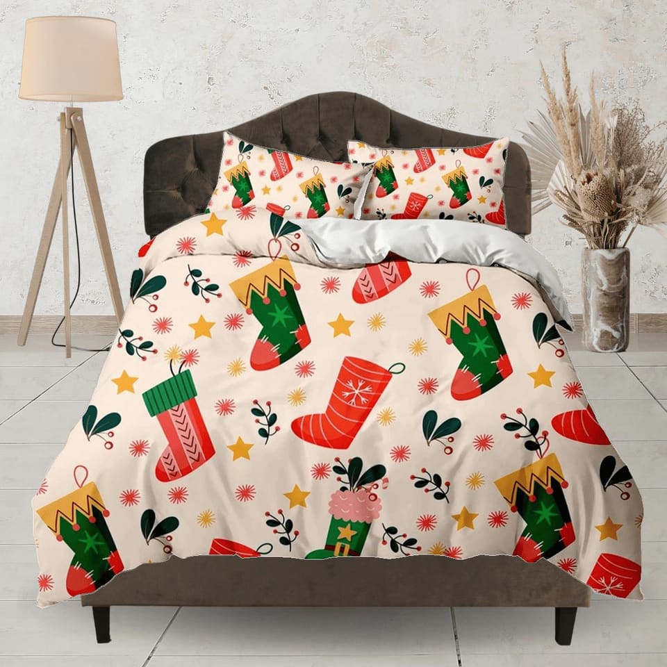 Santa Clause socks Christmas bedding & pillowcase holiday gift duvet cover king queen twin toddler bedding baby Christmas…