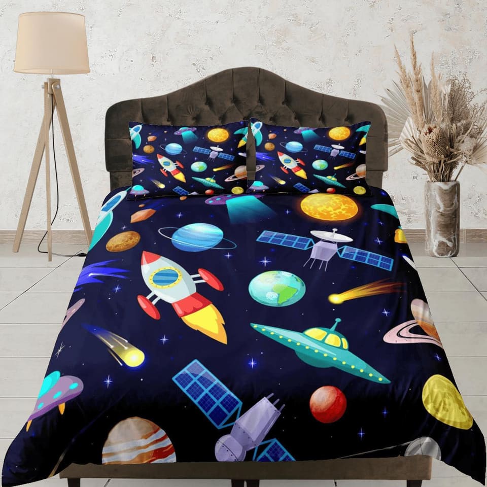 Satellite and spaceship duvet cover set for kids, galaxy bedding set full, king, queen, astronomy dorm bedding, toddler be…