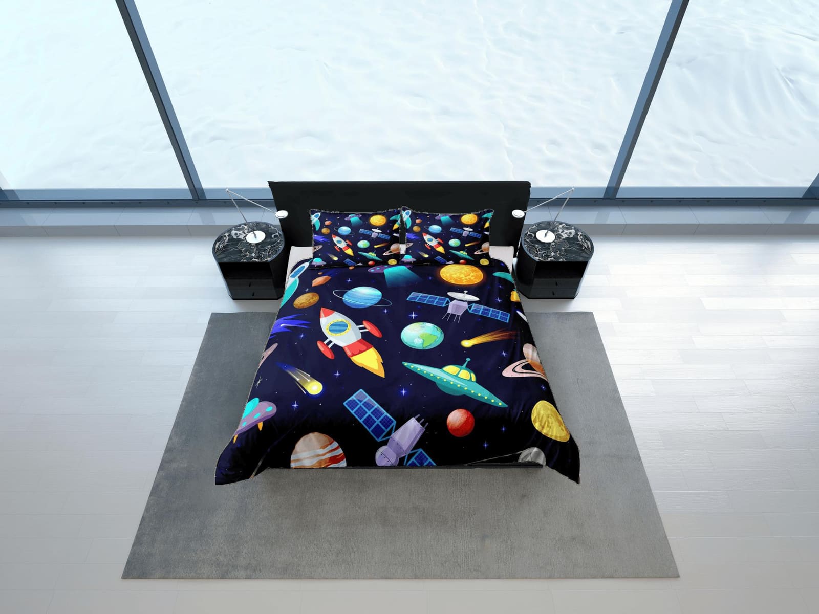 Satellite and spaceship duvet cover set for kids, galaxy bedding set full, king, queen, astronomy dorm bedding, toddler be…