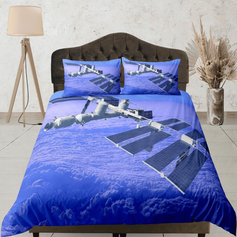 Satellite orbiting in the outer space bedding set full, galaxy duvet cover king, queen, dorm bedding, toddler bedding aest…