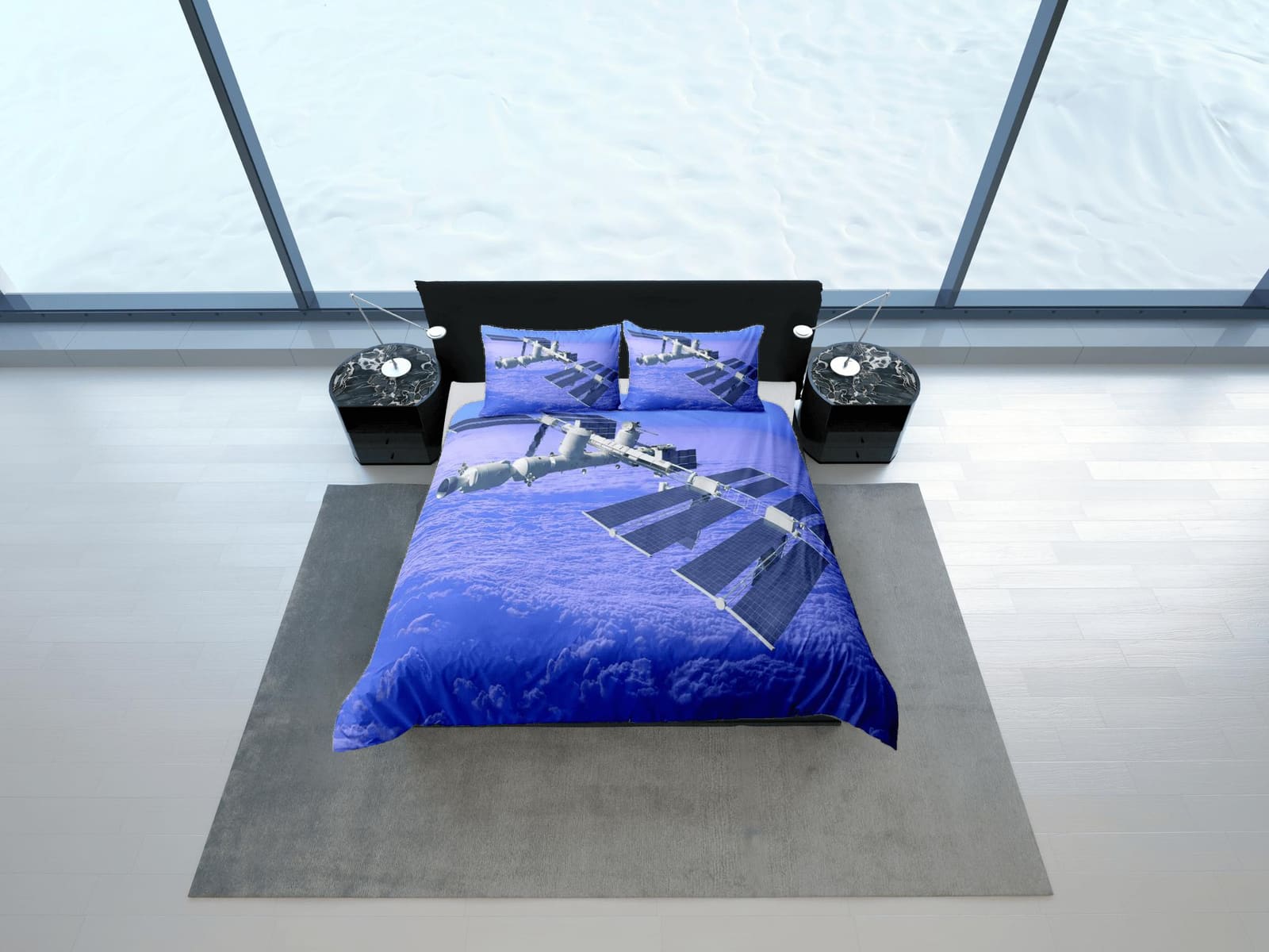 Satellite orbiting in the outer space bedding set full, galaxy duvet cover king, queen, dorm bedding, toddler bedding aest…