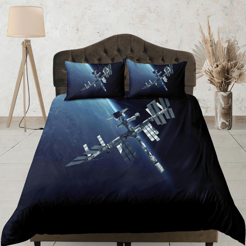 Satellite view galaxy bedding, 3D outer space bedding set full, cosmic duvet cover king, queen, dorm bedding, toddler bedd…