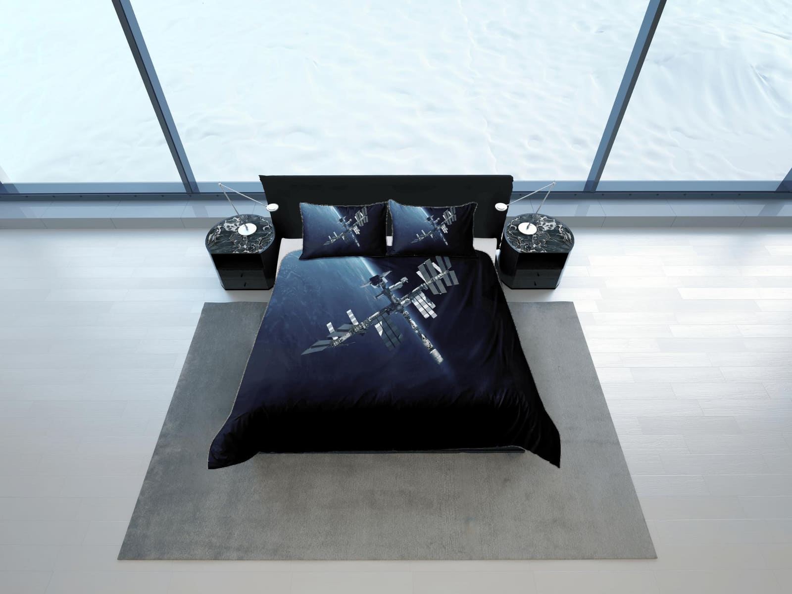 Satellite view galaxy bedding, 3D outer space bedding set full, cosmic duvet cover king, queen, dorm bedding, toddler bedd…