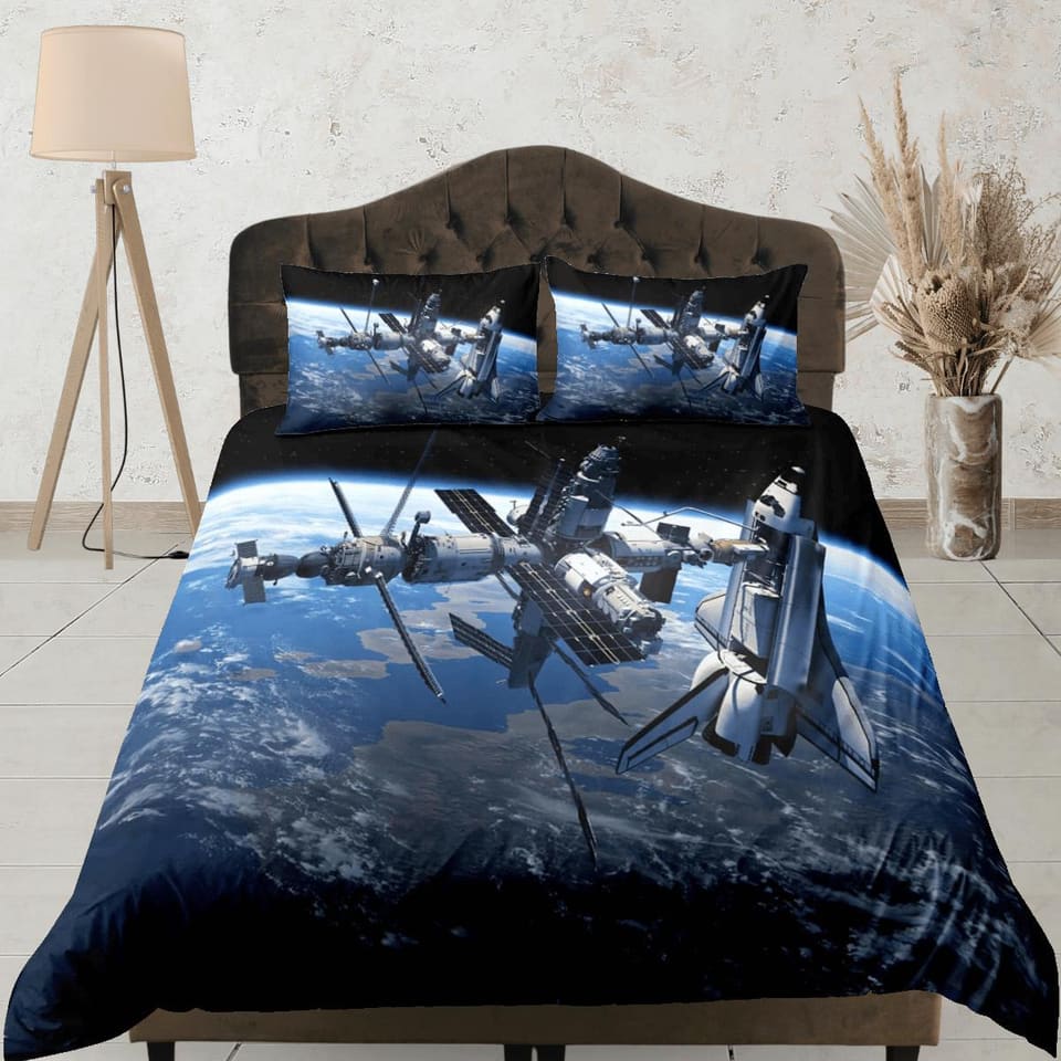 Satellite view of earth bedding, 3D outer space bedding set full, astronomy duvet cover king, queen, cosmic dorm bedding,…