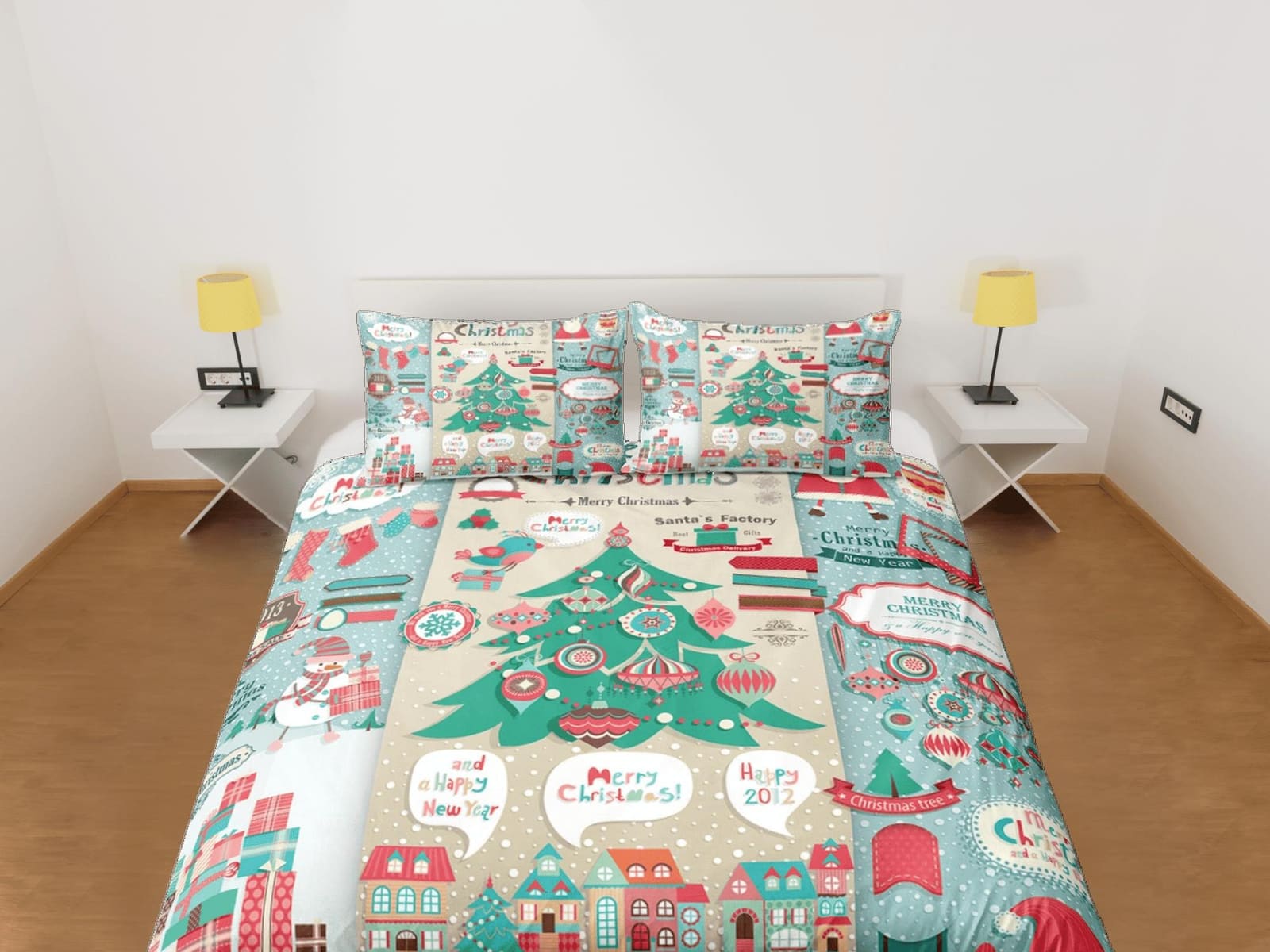 Scandinavian christmas city duvet cover set, christmas full size bedding & pillowcase, college bedding, crib toddler beddi…