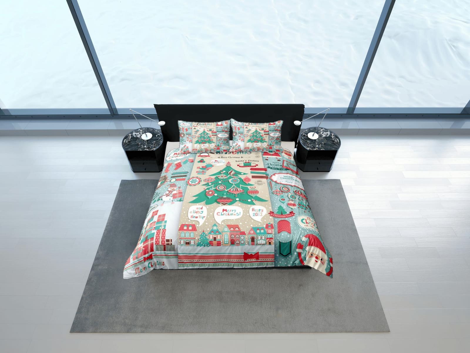 Scandinavian christmas city duvet cover set, christmas full size bedding & pillowcase, college bedding, crib toddler beddi…