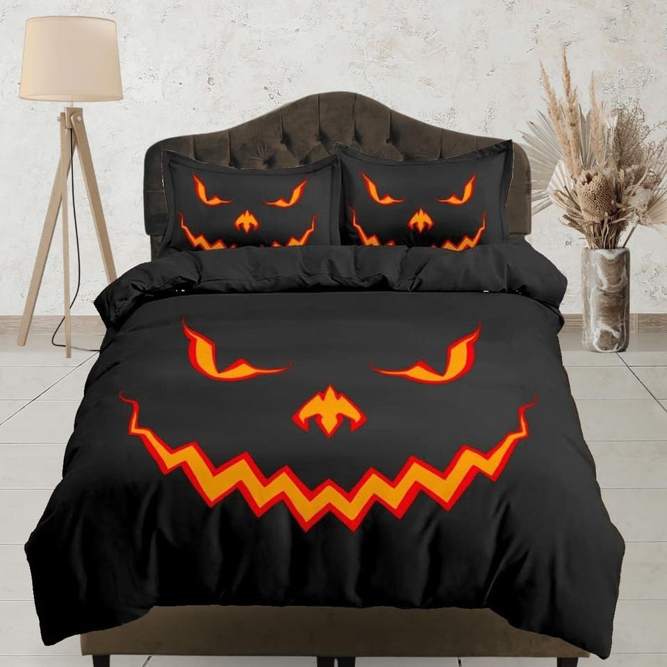 Scary pumpkin face halloween bedding & pillowcase, gothic duvet cover, dorm bedding, goth decor toddler bedding, halloween…