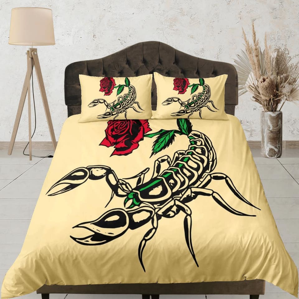 Scorpion beige duvet cover crustaceancore bedding set full queen king, scorpio zodiac astrology, gypsy bedspread, aestheti…