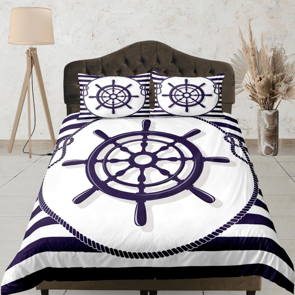 Sea wheel helm nautical duvet cover coastal grandma bedding set full queen king, aesthetic beach room decor, captain gift…