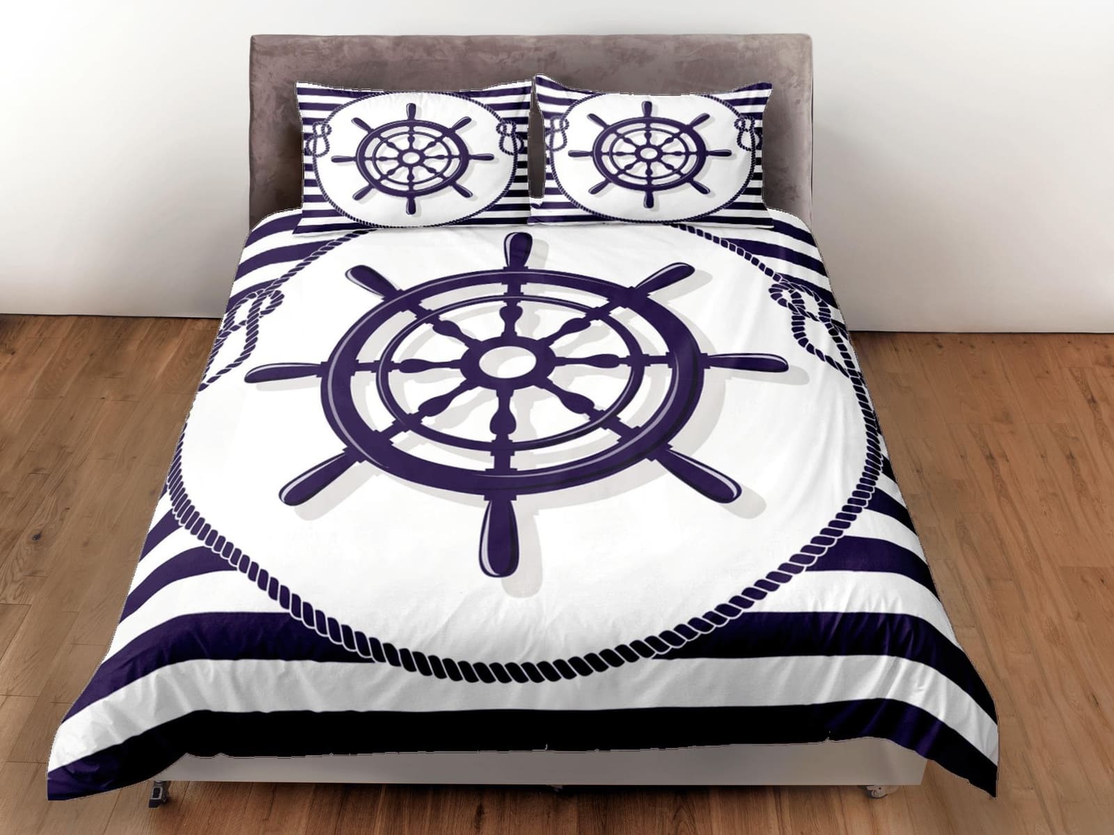 Sea wheel helm nautical duvet cover coastal grandma bedding set full queen king, aesthetic beach room decor, captain gift…
