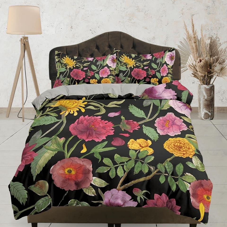 Shabby chic biophilic bedding, floral printed duvet cover queen, king, boho duvet, designer bedding, aesthetic bedding, ma…