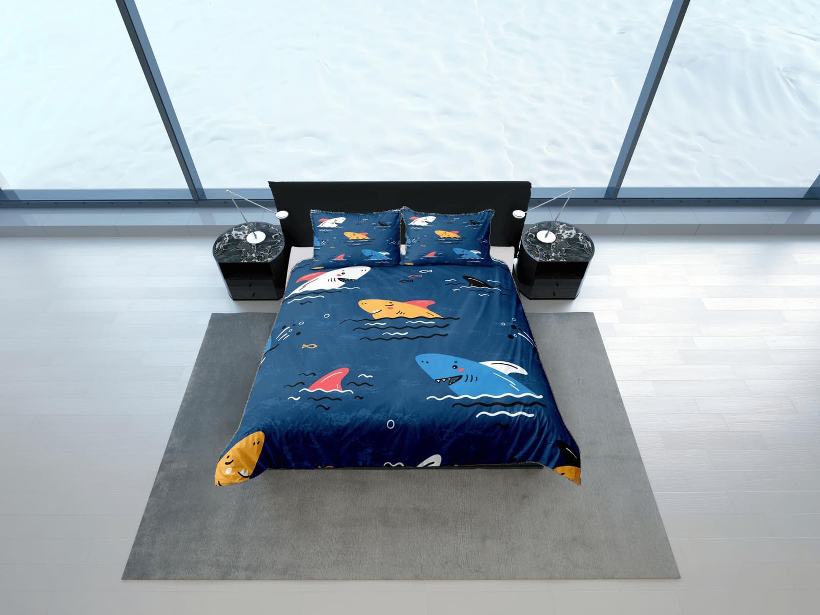 Sharks Blue Duvet Cover Set Colorful Bedspread, Kids Full Bedding Set with Pillowcase, Comforter Cover Twin