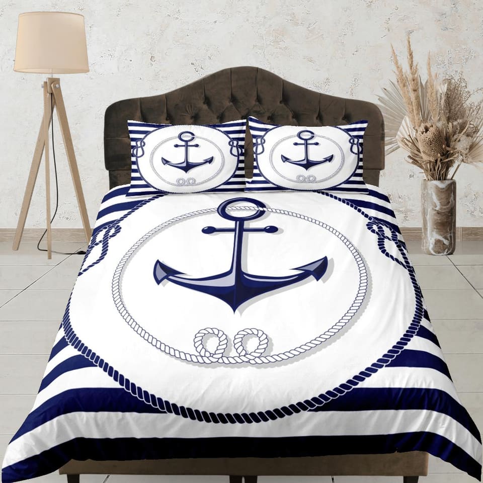 Ship anchor striped nautical duvet cover coastal grandma bedding set full queen king, aesthetic beach room decor, captain…
