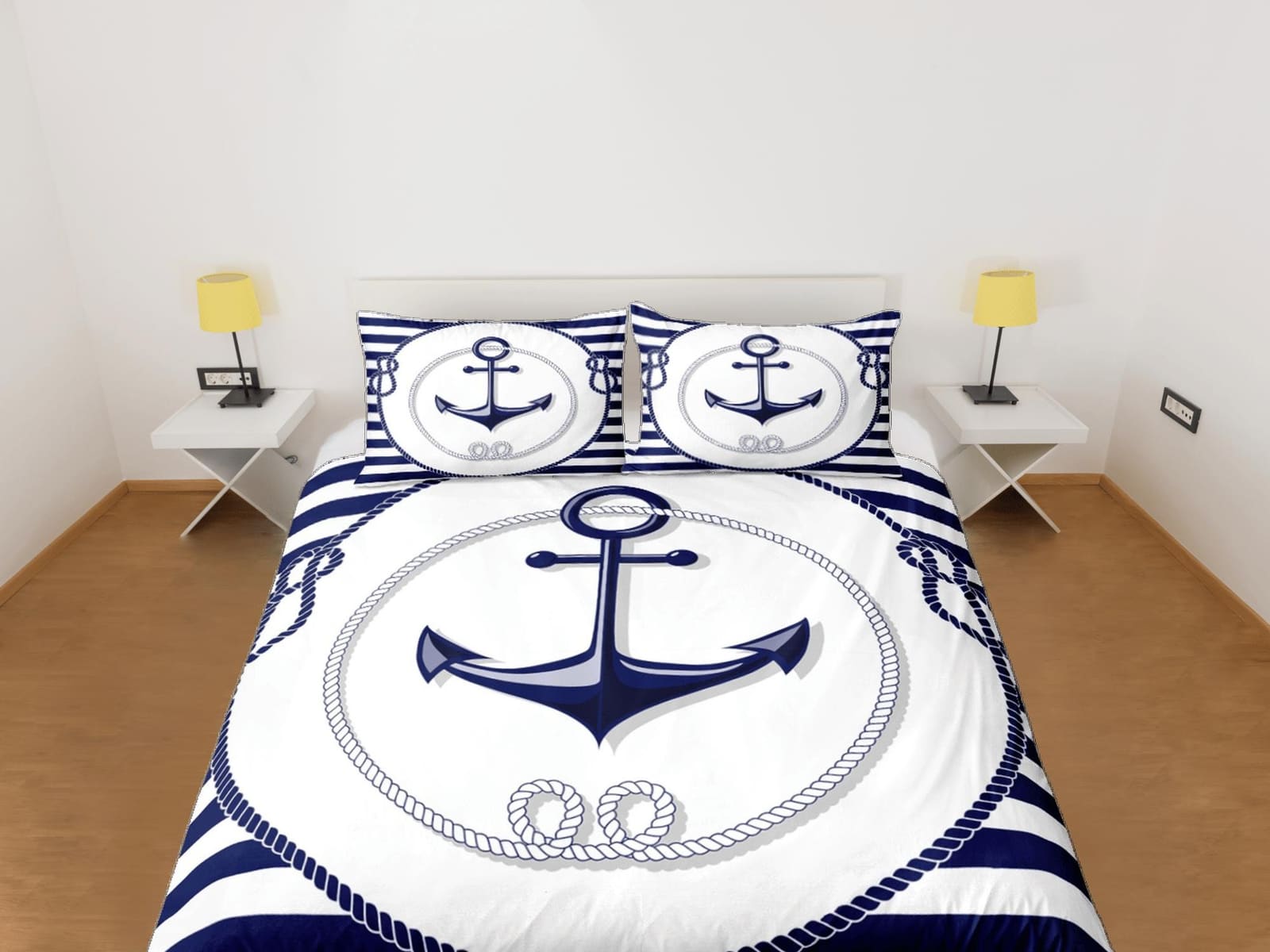 Ship anchor striped nautical duvet cover coastal grandma bedding set full queen king, aesthetic beach room decor, captain…